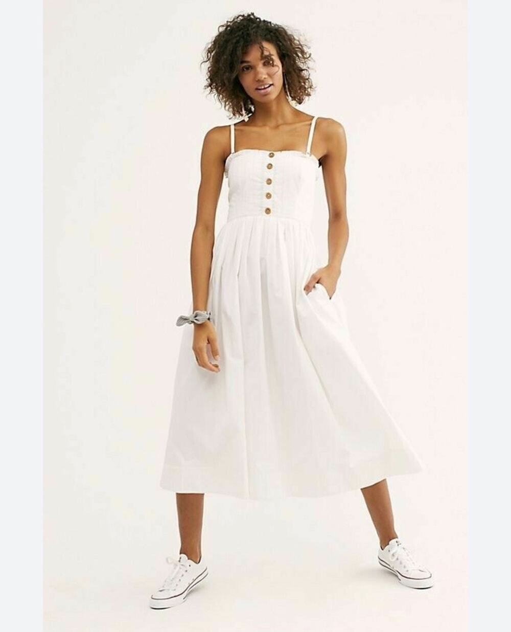 FREE PEOPLE LILAH PLEATED TUBE WHITE POPLIN MIDI DRESS sz L Cottagecore Boho